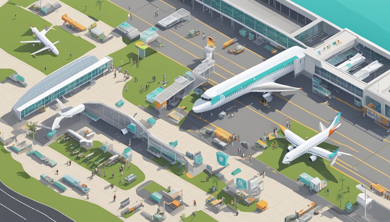 An aerial view of a bustling airport terminal with travelers checking in and luggage being loaded onto planes, with the OCBC 90°N Travel Insurance logo prominently displayed