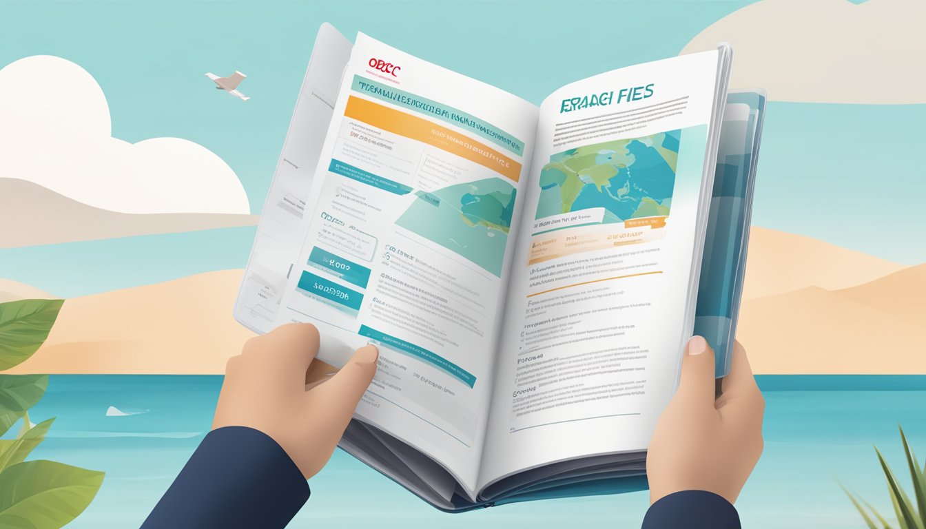 A traveler holding an OCBC 90N Travel Insurance brochure, with a clear view of the eligibility criteria and fees displayed prominently