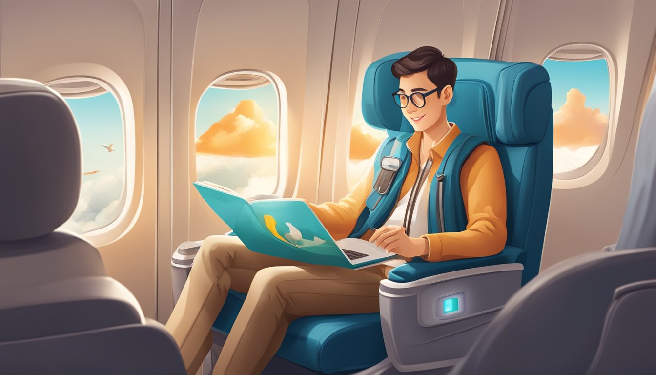 A traveler sitting in a comfortable airplane seat, surrounded by luxury amenities and enjoying the benefits of OCBC 90N travel insurance in Singapore