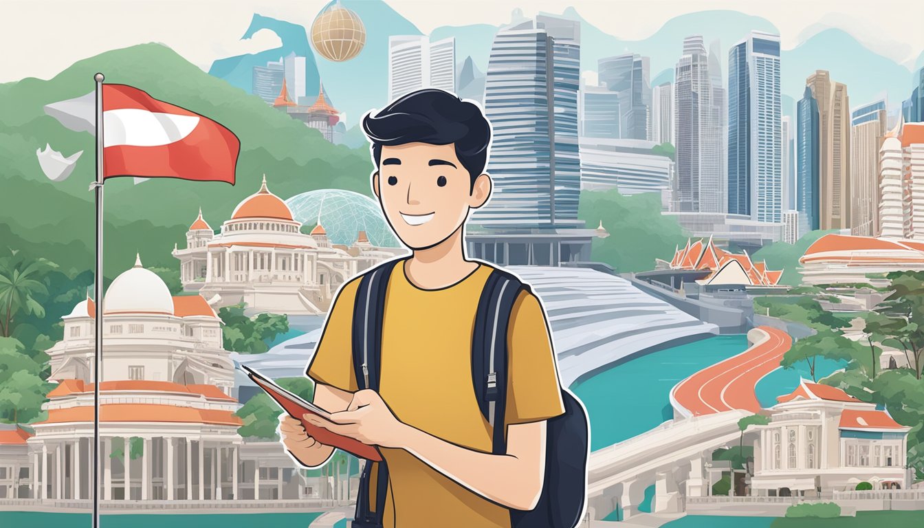 A traveler holding an OCBC 90N travel insurance policy document with Singapore landmarks in the background