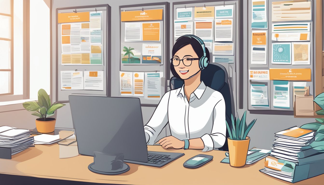 A customer service representative sits at a desk, surrounded by pamphlets and brochures. A sign above reads "Frequently Asked Questions ocbc 90n travel insurance singapore." The representative is ready to assist