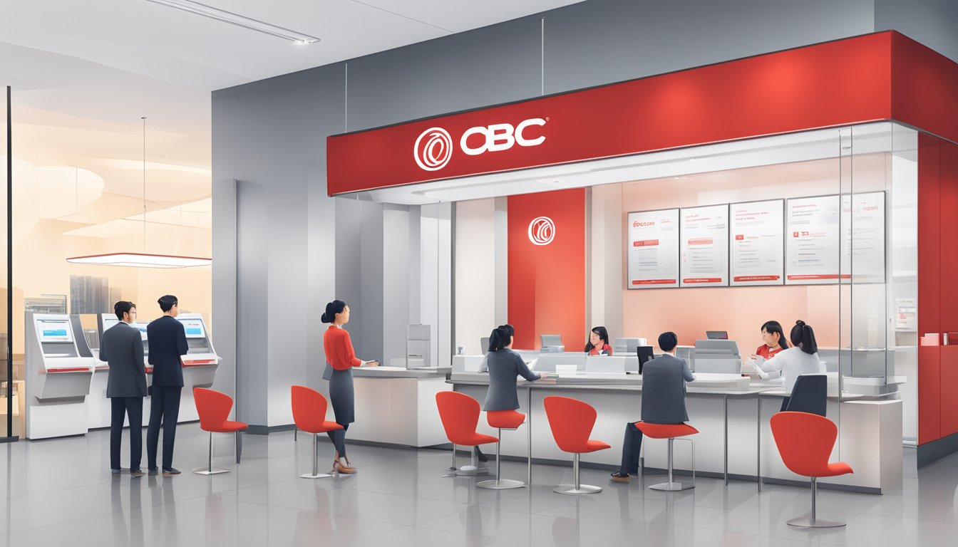A modern, sleek bank branch with a prominent OCBC logo, customers filling out forms, and staff assisting with account openings