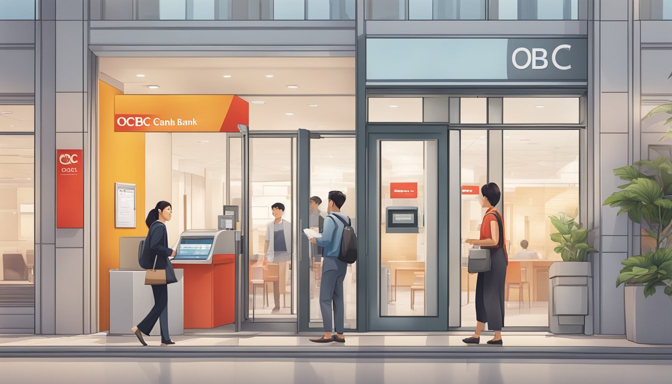 A person walks into an OCBC bank branch, fills out account opening forms, and discusses banking services and features with a staff member
