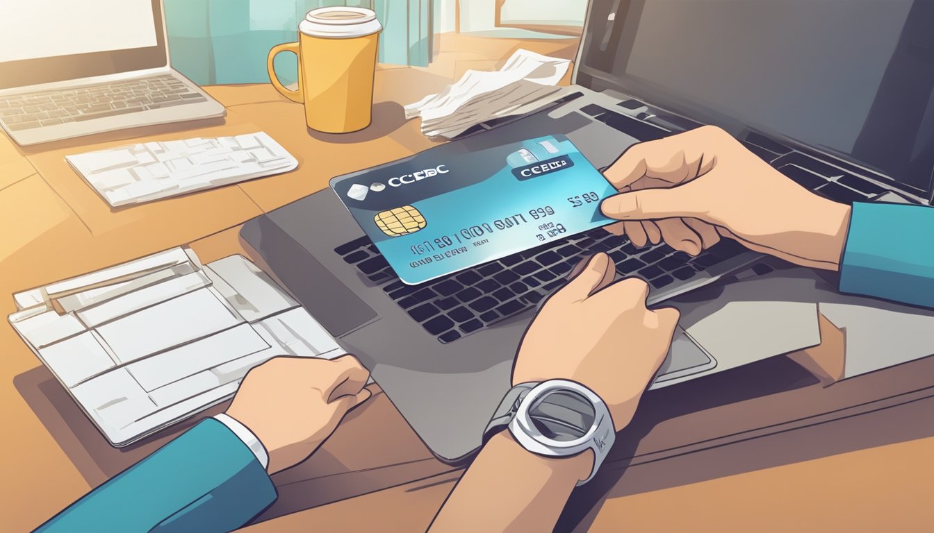 A hand holding a credit card with "OCBC" on it, transferring funds with a laptop on a desk