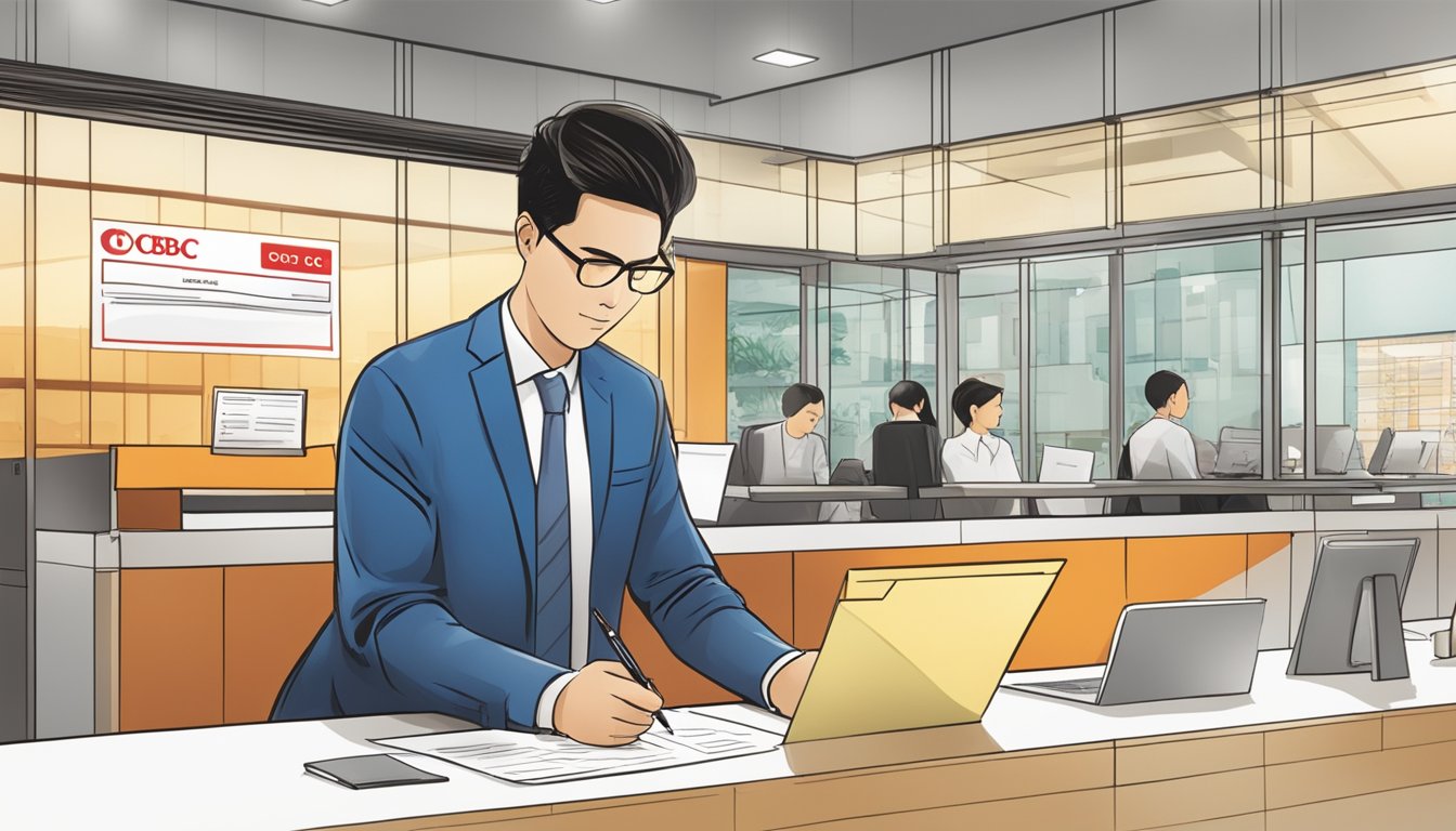 A person signing a balance transfer form at an OCBC bank branch, with caution signs and fine print displayed prominently