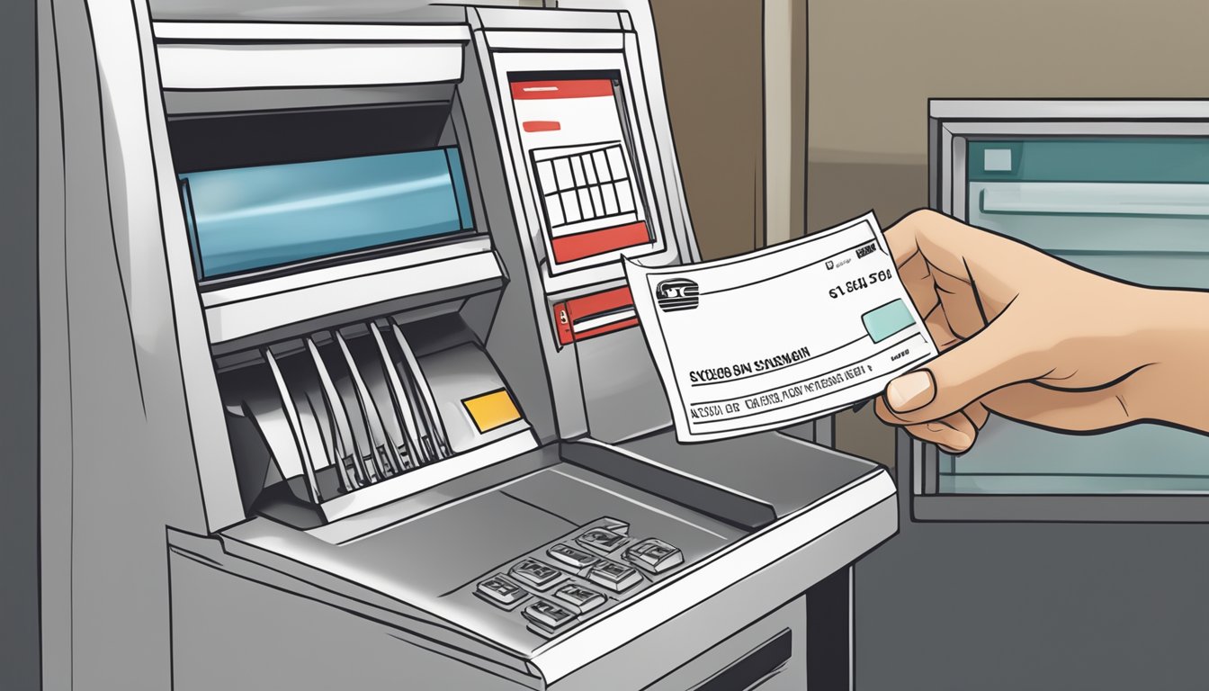 A hand holding an OCBC bank cheque, inserting it into a deposit slot in a Singaporean bank