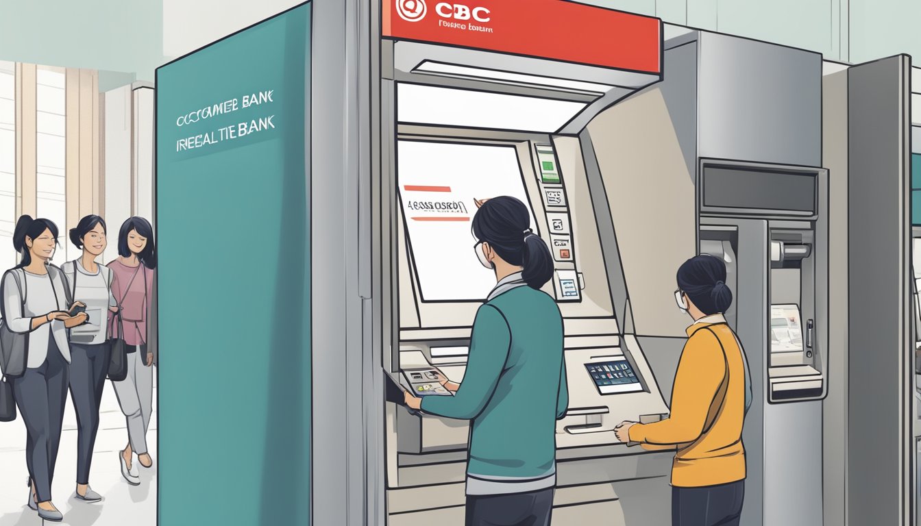 A customer inserts a signed cheque into an OCBC bank deposit machine, entering the amount and account details on the screen