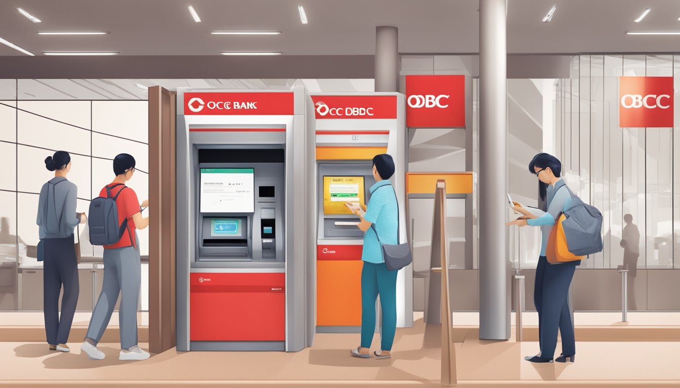A customer inserts a cheque into an OCBC Bank ATM in Singapore, with a network of branches visible in the background