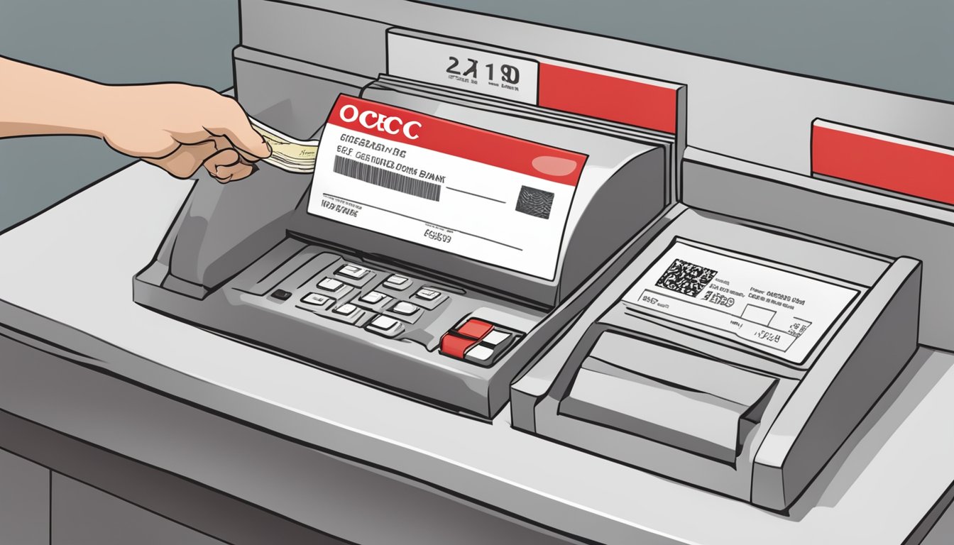 A hand holding an OCBC bank cheque, inserting it into a deposit slot at an OCBC bank branch in Singapore