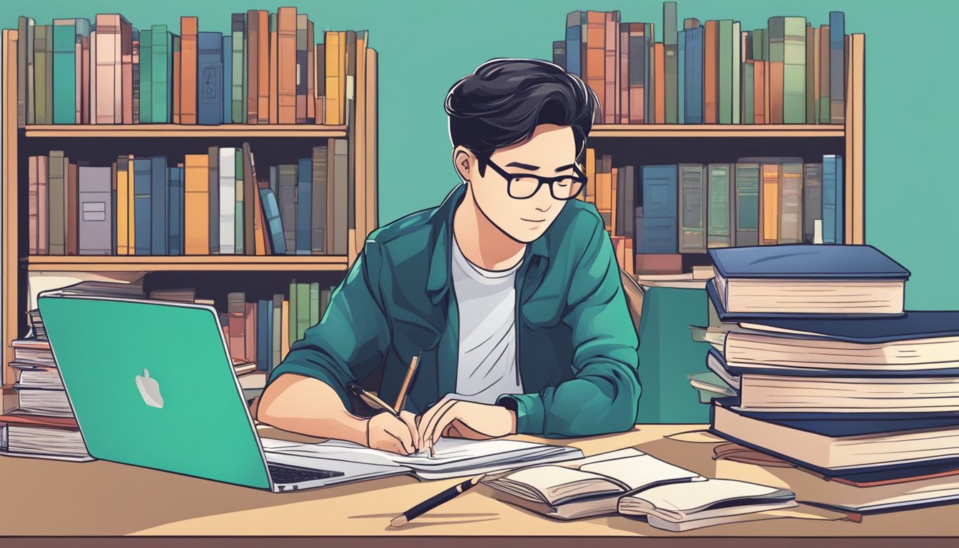 A student sitting at a desk with books and a laptop, surrounded by study materials, while applying for an OCBC bank study loan in Singapore