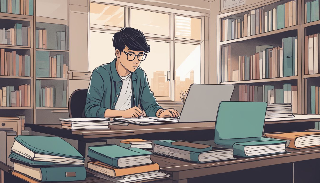 A student sits at a desk, surrounded by textbooks and a laptop, while researching OCBC study loans in Singapore. The student looks focused and determined