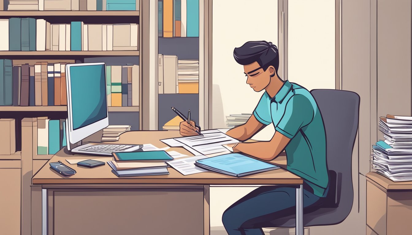 A student sitting at a desk, filling out a loan application form with a pen, surrounded by educational documents and a laptop