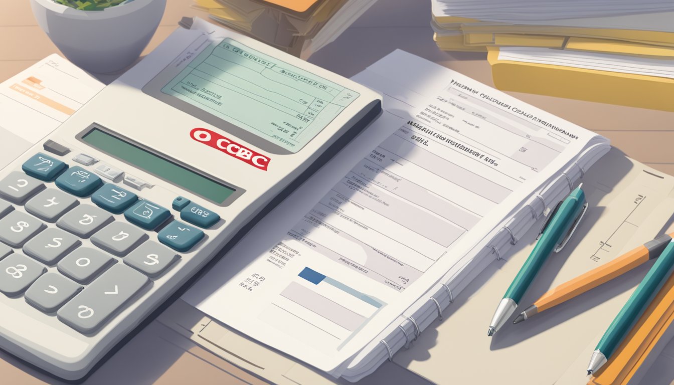 A stack of OCBC study loan documents sits on a desk, with a calculator and pen nearby. The OCBC bank logo is visible on the paperwork