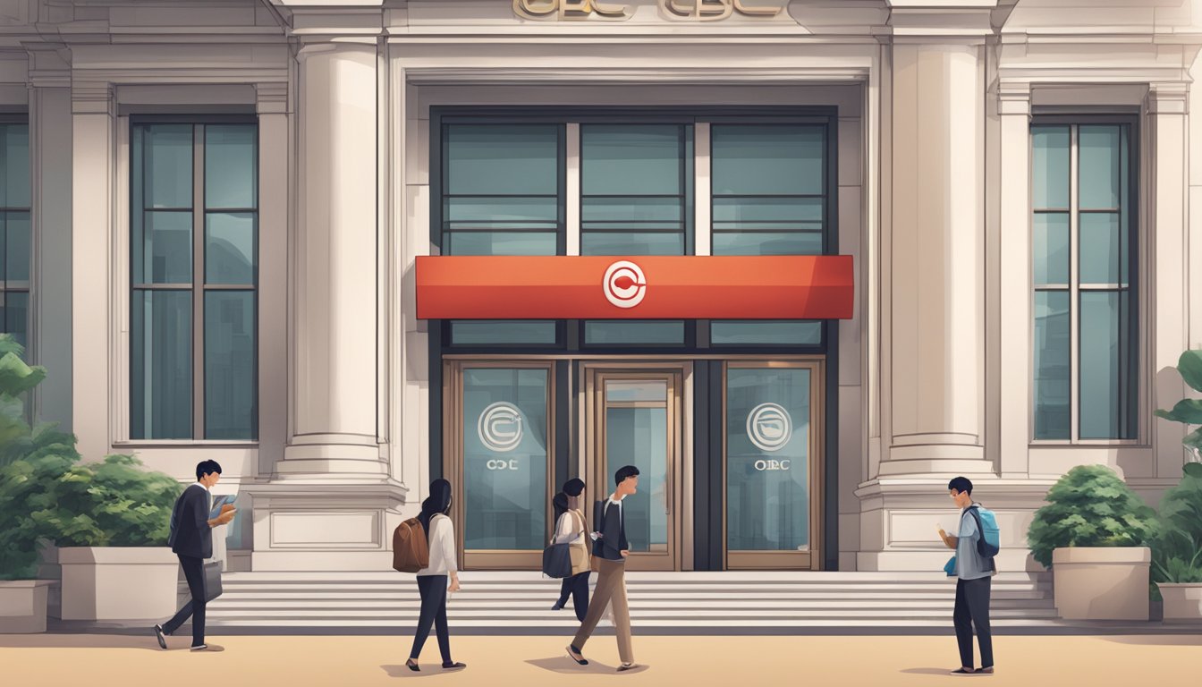 An elegant and modern bank building with the OCBC logo prominently displayed. A student receiving financial assistance and support from a friendly bank representative