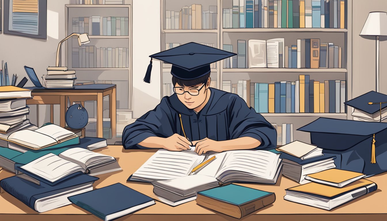 A student sits at a desk, surrounded by graduation caps and textbooks, researching OCBC Bank study loans in Singapore. The room is filled with anticipation and excitement for the next stage of their academic journey