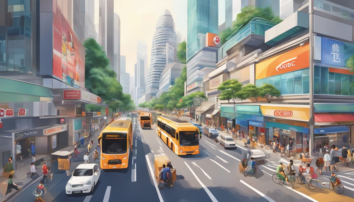 A bustling street in Singapore, with the iconic OCBC bank branch prominently displayed, surrounded by vibrant city life