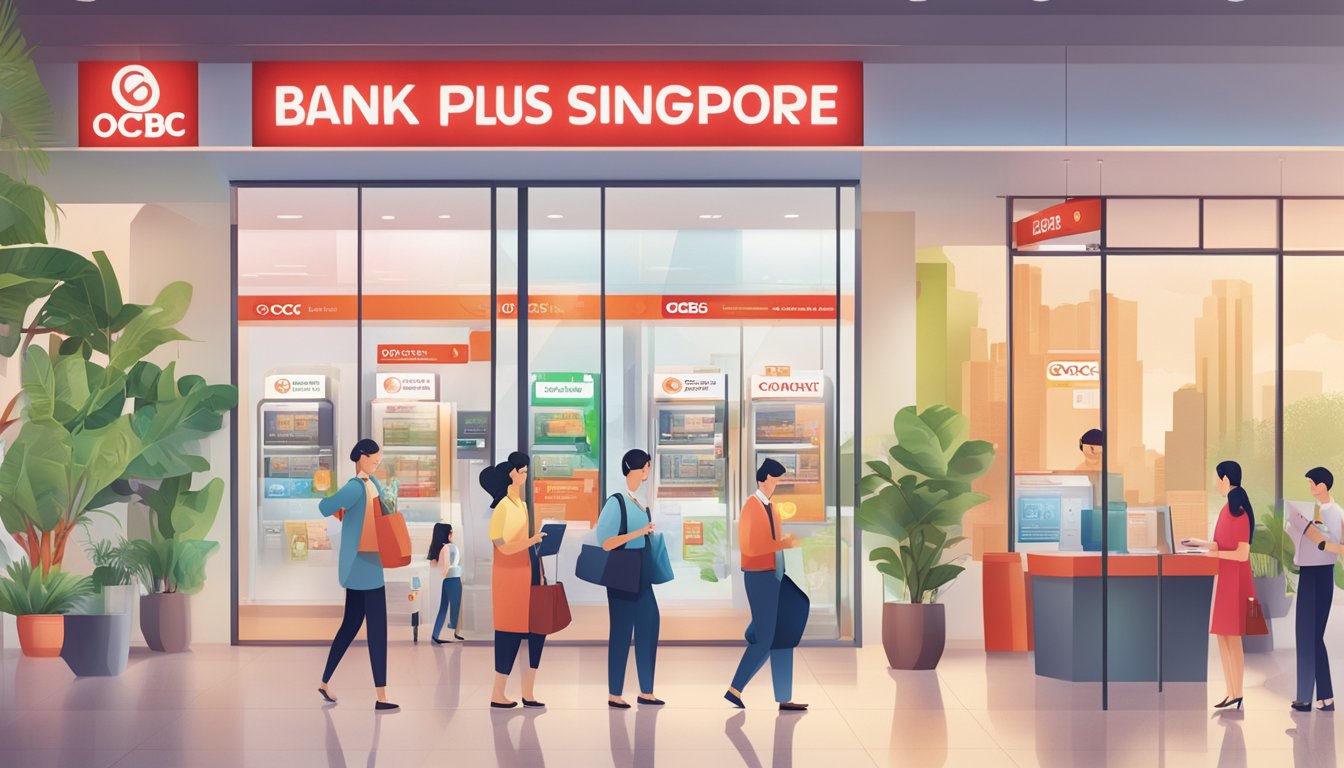 A vibrant bank branch with a sign reading "OCBC Bonus Plus Singapore." Customers are seen enjoying various account features and benefits