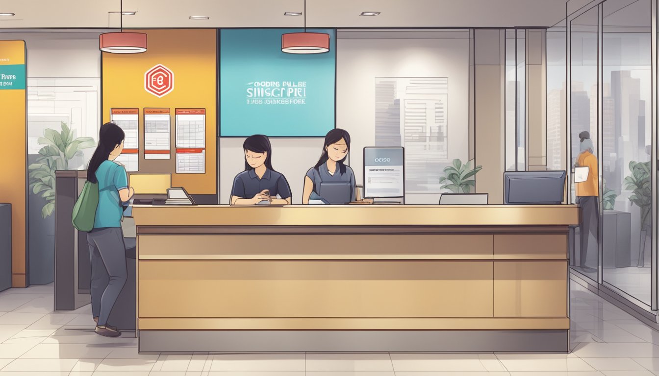 A person filling out forms at a bank, with a sign for "OCBC Bonus Plus Singapore" in the background