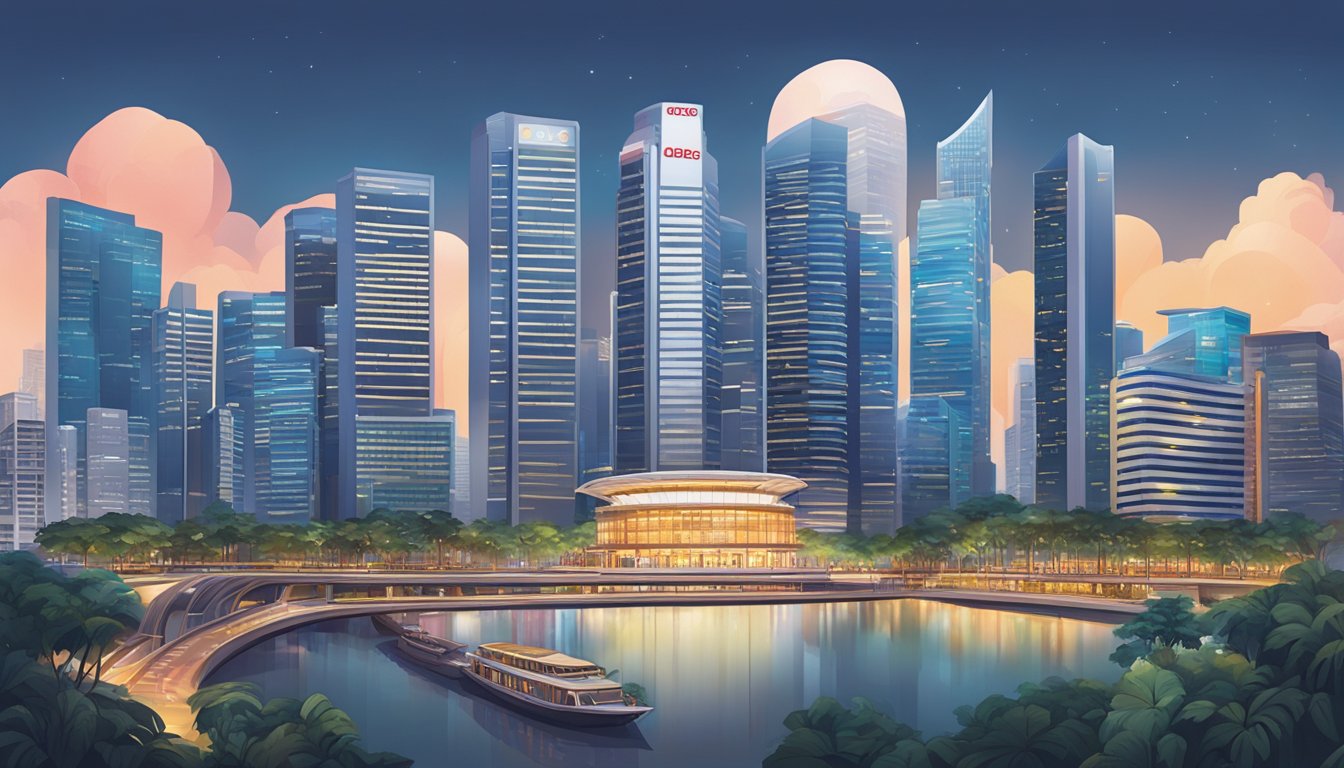 A vibrant Singaporean cityscape with the iconic OCBC building standing tall, surrounded by bustling streets and modern architecture