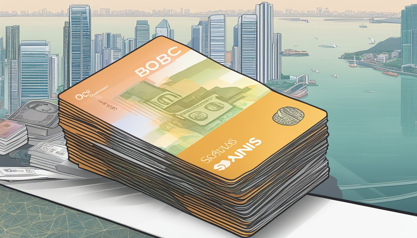 A stack of Singaporean currency sits next to a passbook with "OCBC Bonus Savings Account" printed on the cover, against a backdrop of the Singapore skyline