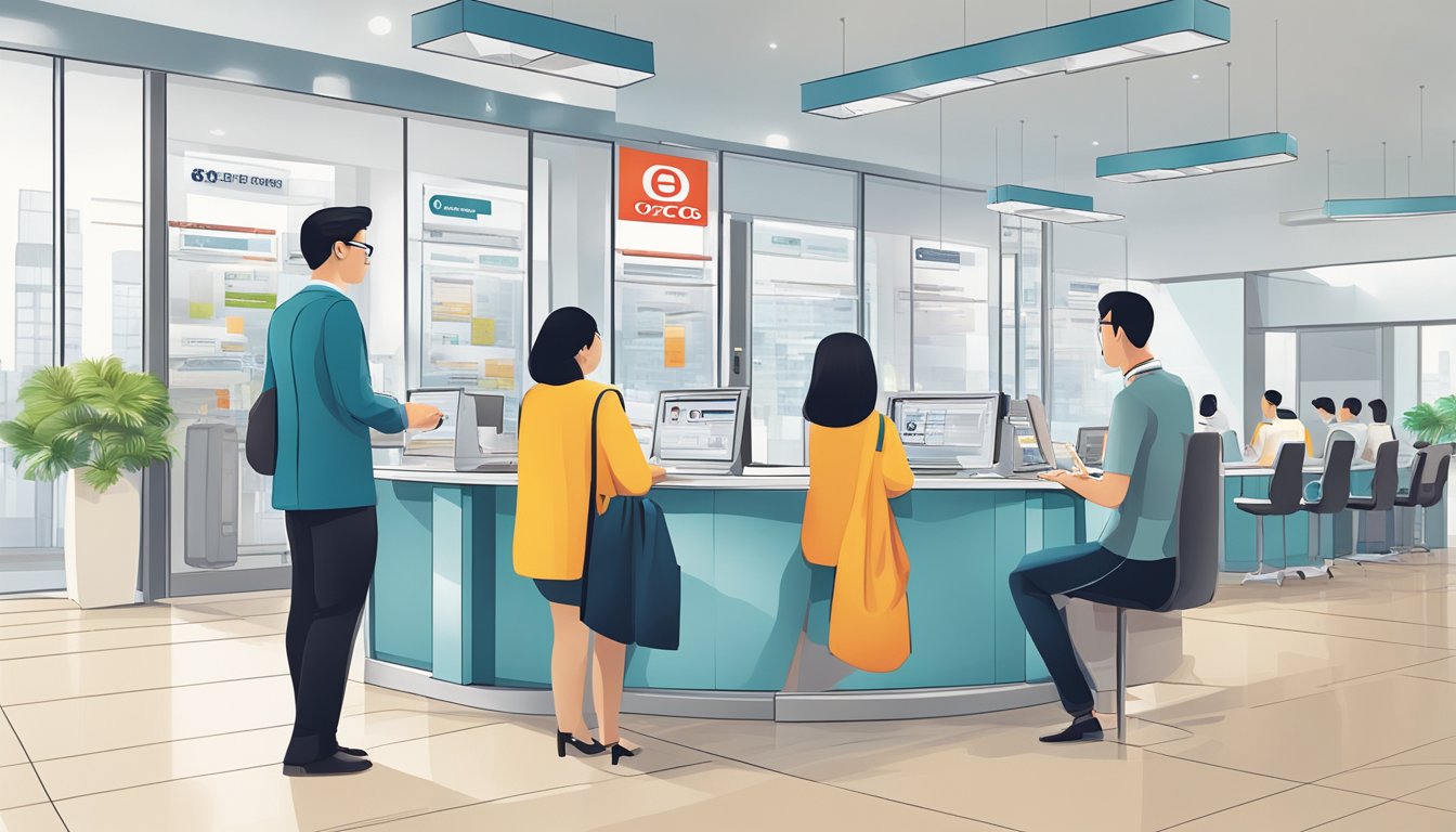 A person is seen at a bank, opening a OCBC bonus savings account in Singapore. The bank representative is explaining the account management and services offered