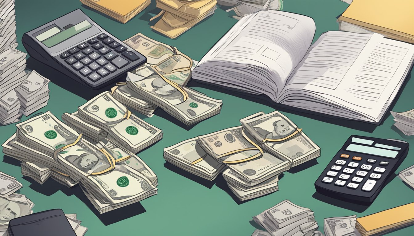 A pile of money sits on a table, surrounded by documents and a calculator. A sign reads "Fees and Charges OCBC Bonus Savings Account Singapore."