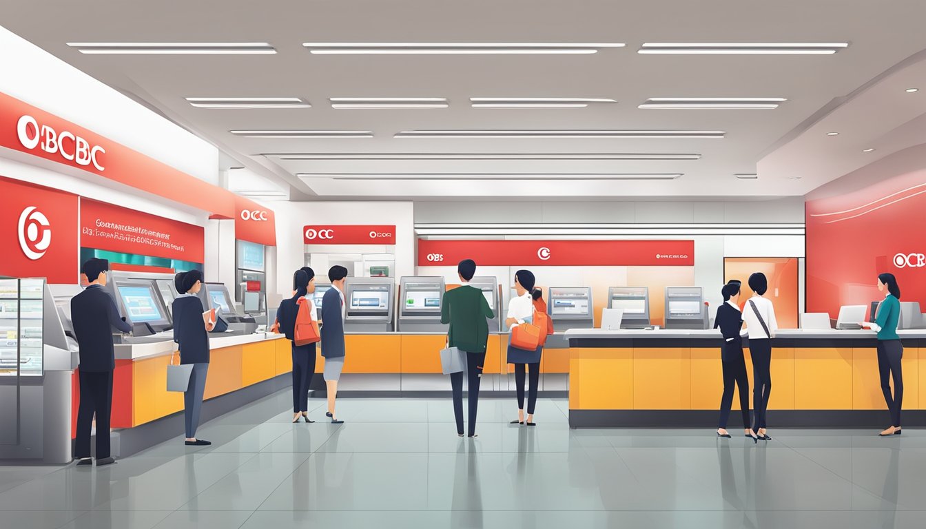 A vibrant bank branch with the OCBC logo prominently displayed. Customers are seen engaging with staff at the counters and using the self-service machines. The atmosphere is modern and efficient
