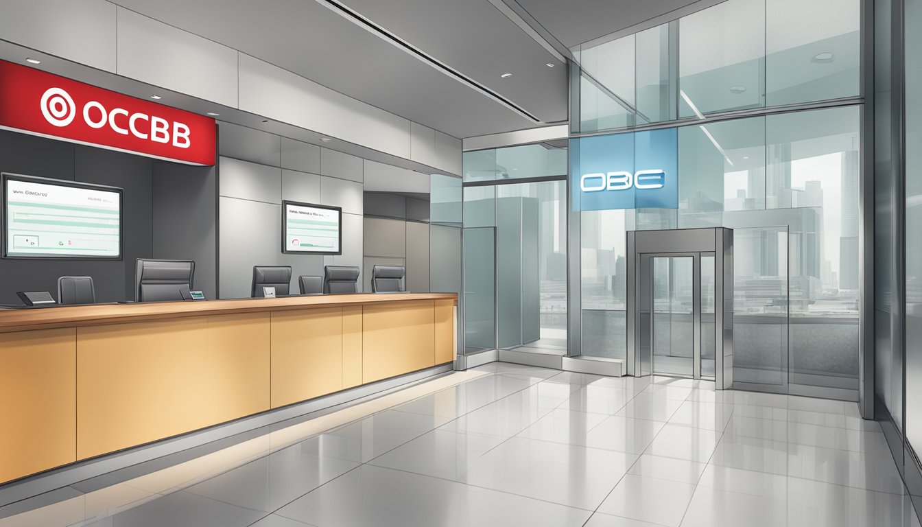 A sleek, modern bank branch with the OCBC logo prominently displayed, and a sign indicating the minimum balance requirement for a business account in Singapore