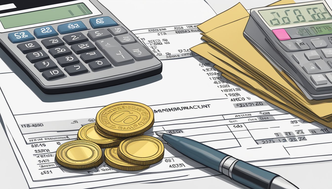 A stack of coins and a bank statement on a desk, with a calculator and pen nearby. The statement shows the required minimum balance for an OCBC business account in Singapore
