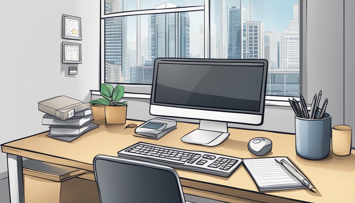 An office desk with a computer, pen, and notebook. A sign displaying "OCBC Business Account Minimum Balance Singapore" prominently on the wall