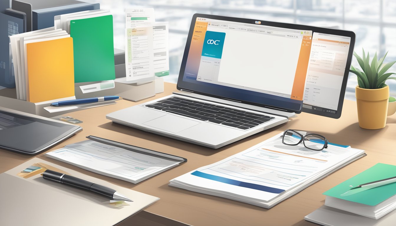 An office desk with a computer, paperwork, and a business account passbook, with the OCBC logo visible