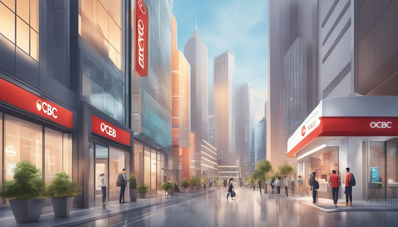The scene shows a sleek and modern bank account with the OCBC logo prominently displayed. The account features and benefits are highlighted in bold, emphasizing growth and success