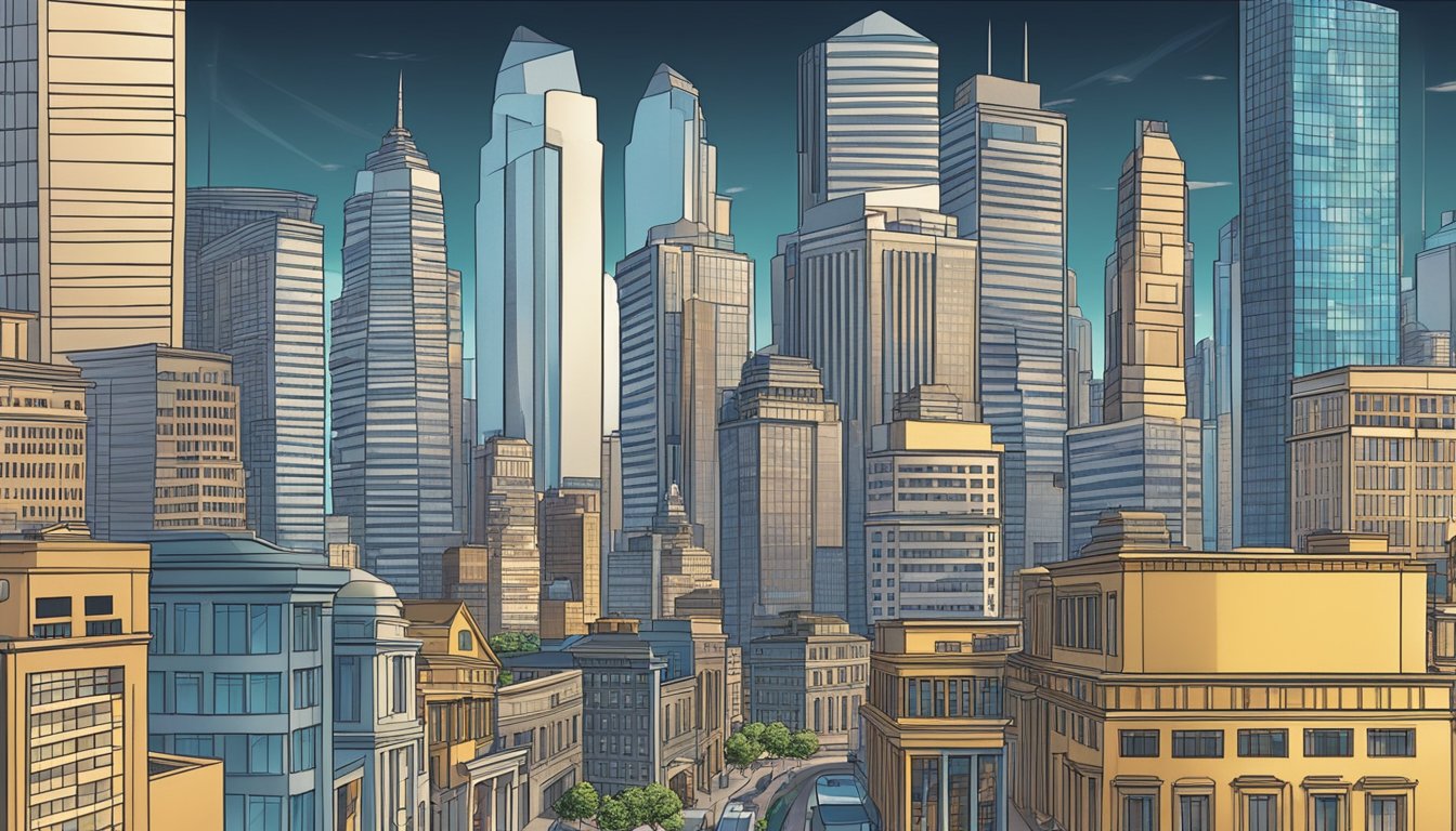 A bustling city skyline with a prominent bank building, surrounded by modern office buildings and busy streets, symbolizing the growth and expansion of business through banking services