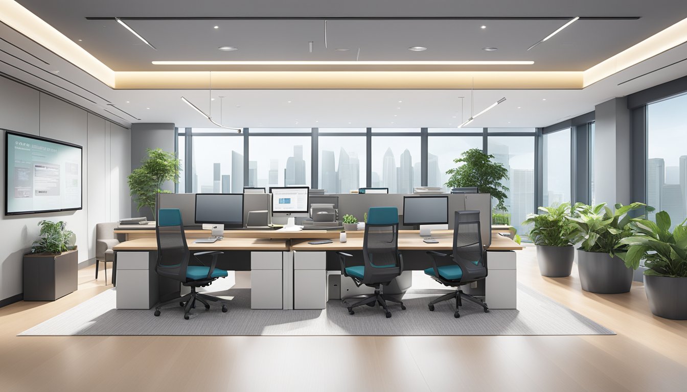 The scene shows a sleek, modern office with a prominent display of awards and recognition for OCBC Business Growth Account in Singapore