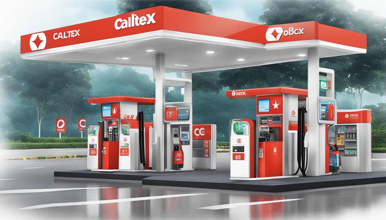 A Caltex gas station in Singapore with prominent OCBC bank branding and promotional signage