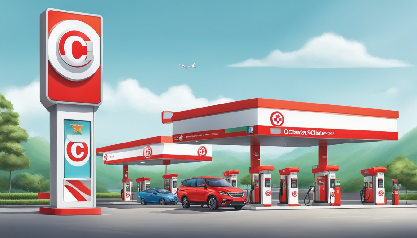 A bright red Caltex gas station with the OCBC logo prominently displayed. Cars are lined up at the pumps, and a promotional banner hangs on the storefront