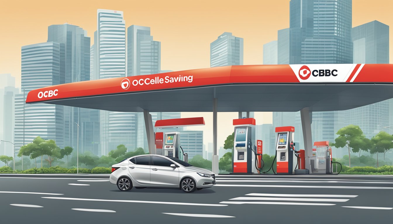 A car driving towards a Caltex station with an OCBC logo promoting fuel savings in Singapore