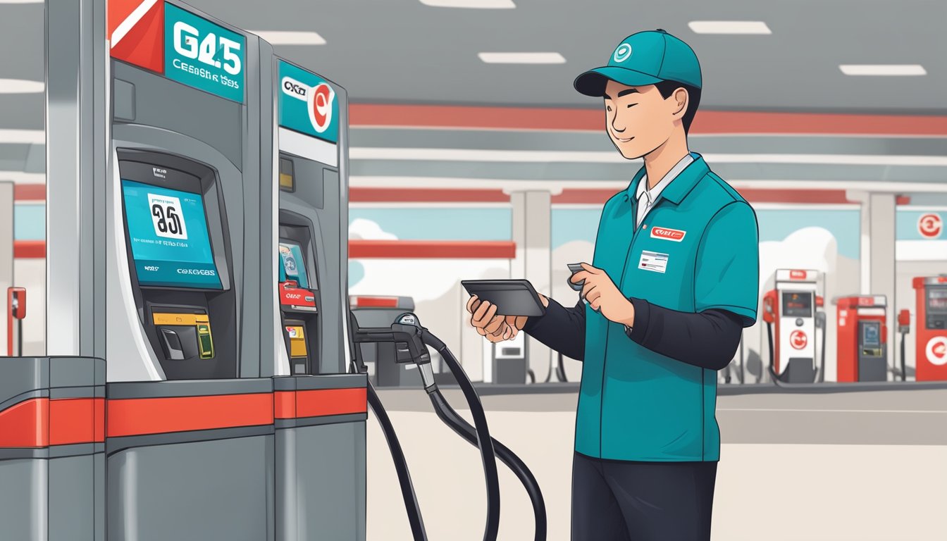 A gas station attendant swiping an OCBC 365 Credit Card at a Caltex pump, with a sign advertising exclusive benefits in the background