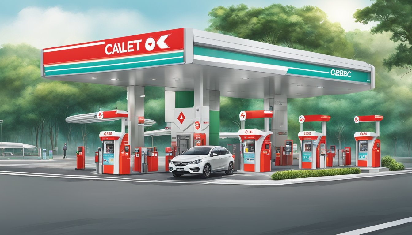 A Caltex service station with prominent OCBC and Caltex promotional signage in Singapore