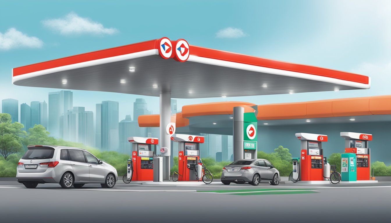 A gas station with the OCBC and Caltex logos prominently displayed, with customers redeeming rewards and enjoying exclusive benefits