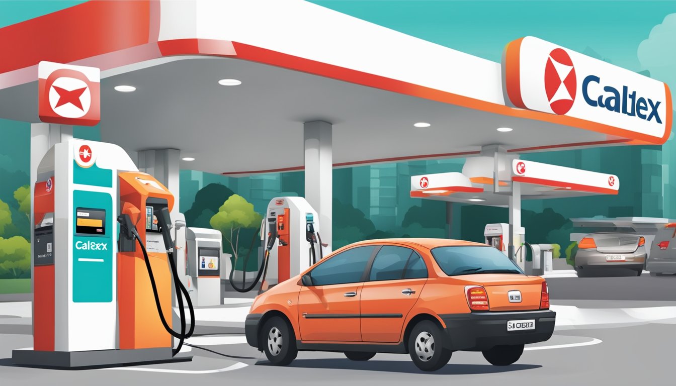 A car refueling at a Caltex gas station in Singapore, with an OCBC credit card being used for payment. The Caltex and OCBC logos are prominently displayed