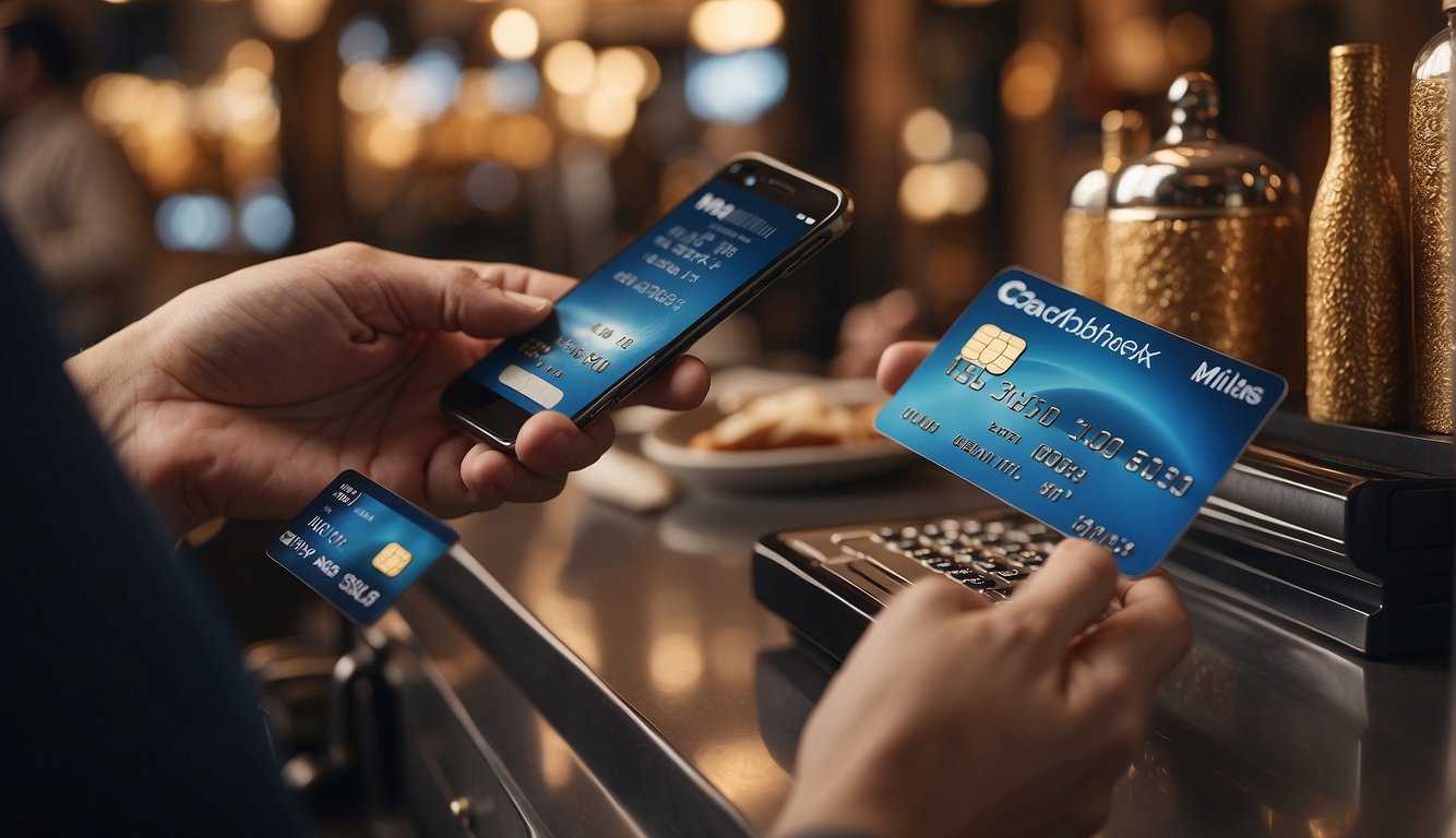 A person swiping a credit card with a cashback and miles logo, surrounded by images of travel destinations and shopping items