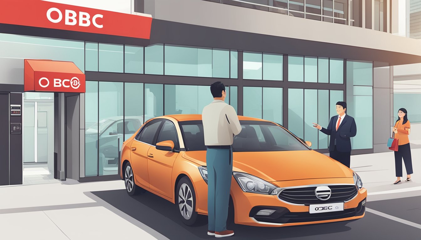 A car parked in front of an OCBC bank branch, with a loan officer assisting a customer with paperwork