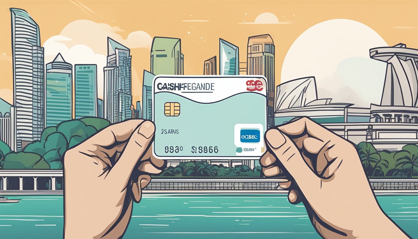 A hand holding an OCBC Cashflo credit card against a backdrop of iconic Singapore landmarks, with a flow of cash symbolizing its benefits