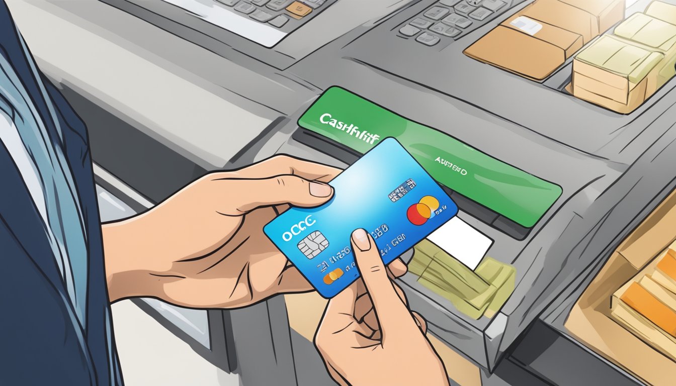 A hand holding an OCBC Cashflo card making a payment abroad at a foreign store or restaurant