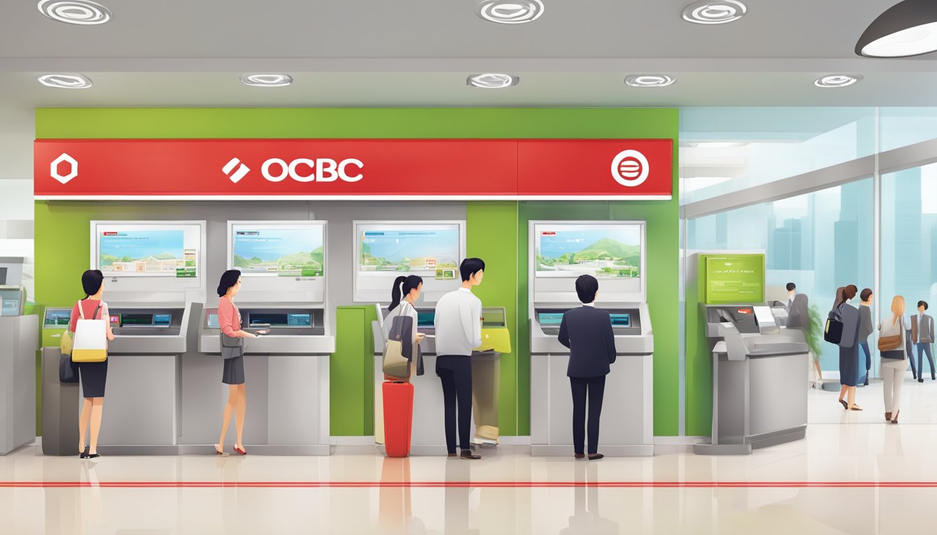 A bright and modern bank branch with the OCBC logo prominently displayed. Customers queue at the cash line counter while others use the self-service kiosks