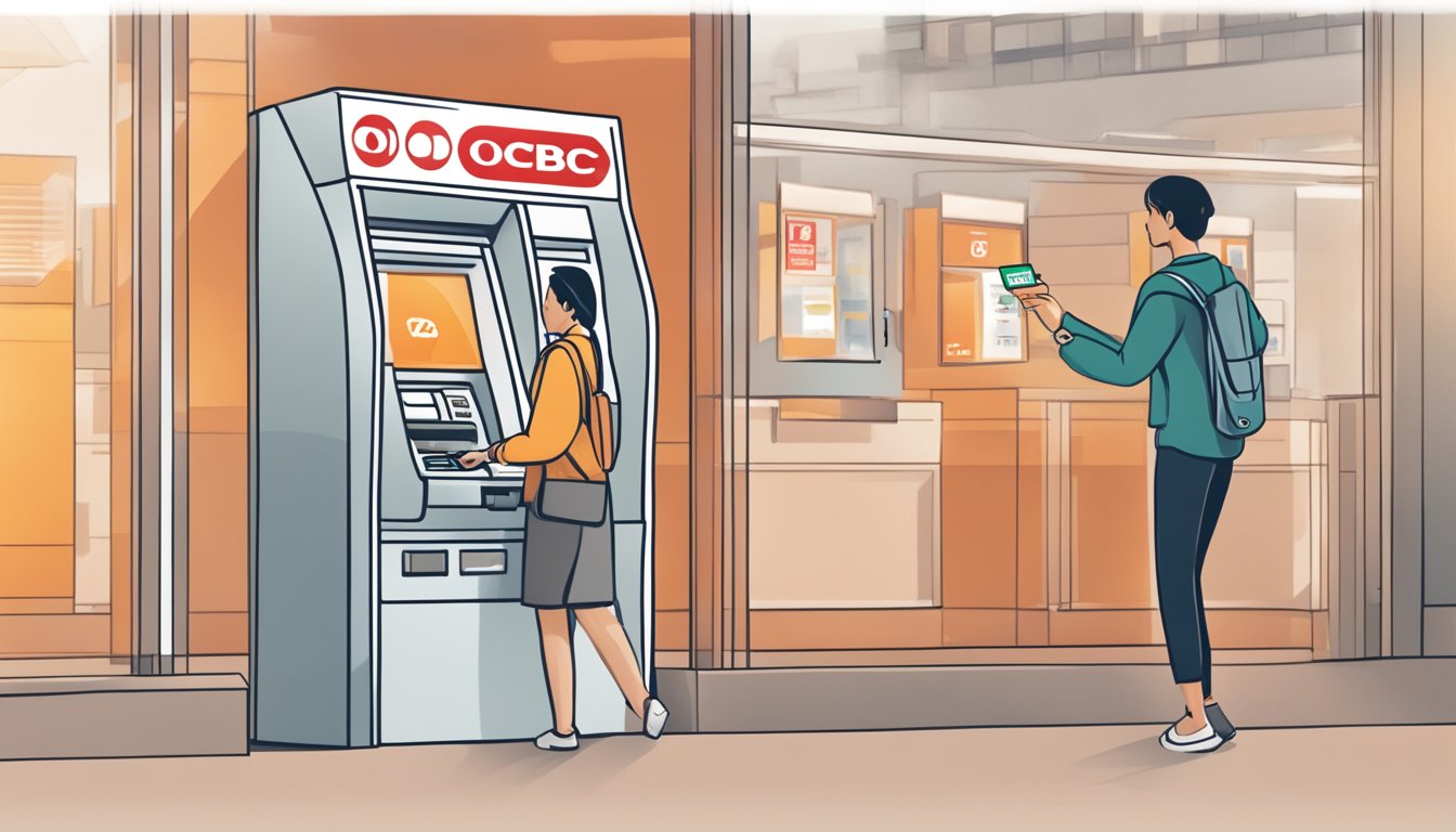 A person swiping a credit card at an ATM with the OCBC logo in the background