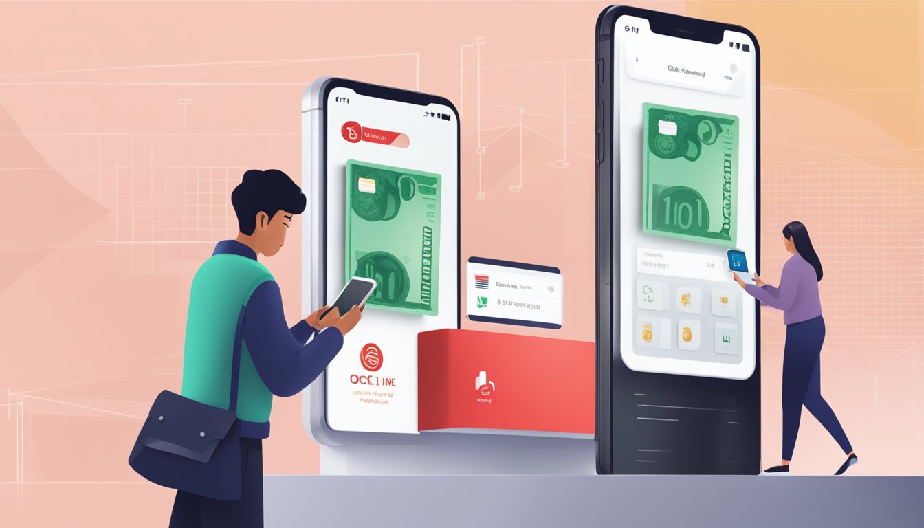 A person using a smartphone to transfer money with OCBC Cash Line in a modern, sleek digital banking interface