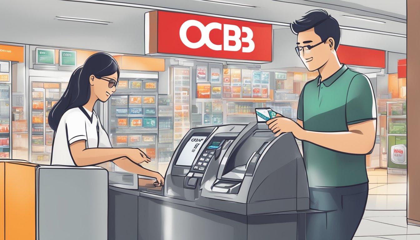 A person swiping an OCBC credit card at a store, with a sign displaying "Cash on Installment" and "Promotions and Benefits" in the background