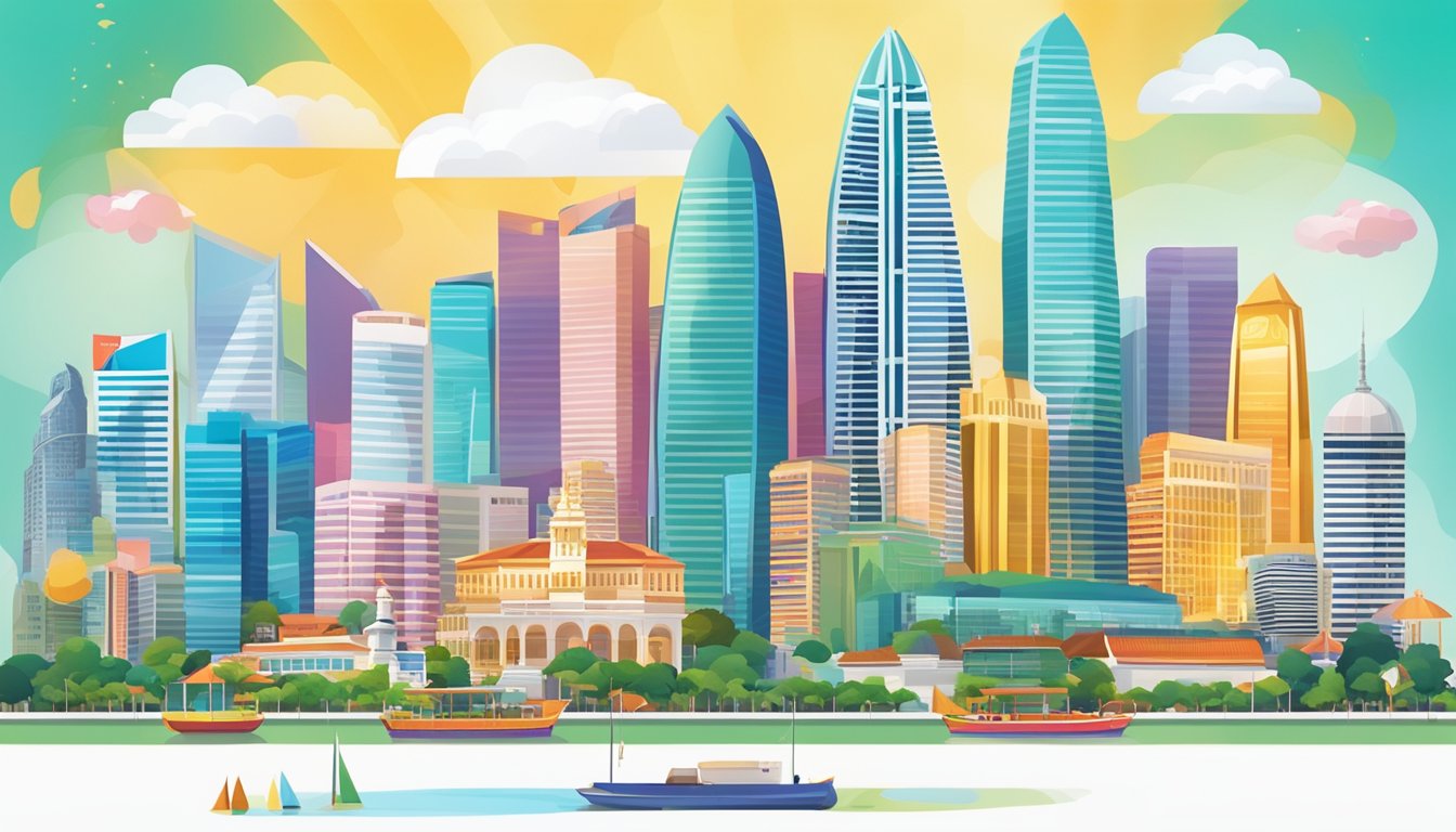 A colorful array of cashback offers and services, including travel discounts and shopping rewards, are displayed against the iconic Singapore skyline